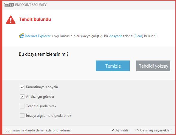 Temizleme ve silme Gerçek zamanlı dosya sistemi korumasının gerçekleştireceği önceden tanımlı bir eylem yoksa, uyarı penceresinde bir seçenek belirlemeniz istenir.