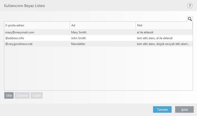ESET Endpoint Security, varsayılan olarak desteklenen e-posta istemcilerinin adres defterindeki tüm adresleri Beyaz listeye ekler. Kara liste varsayılan olarak boştur.
