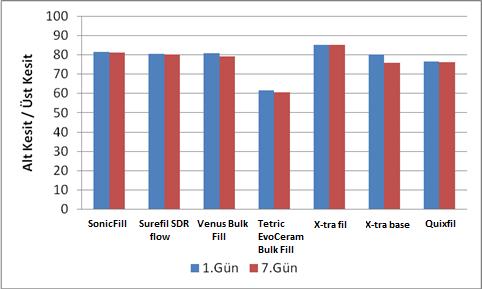 Tablo 19: Kompozit rezinlerin 1. ve 7. gün başarı kriterlerinin istatistiksel değerlendirmesi: Gruplar 1.Gün % 7.