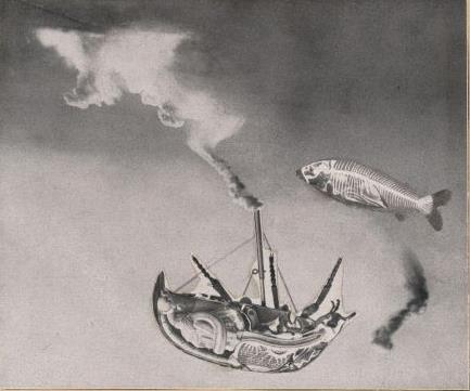 Ernst; birbiri ile ilişkili olmayan zemininden kesilerek ayrılmış balık görselleri, anatomik çizimler, gemi görüntüsünü andıran ters duran böcek görseli, bir parça bulut ve gemiyi andıran böcek