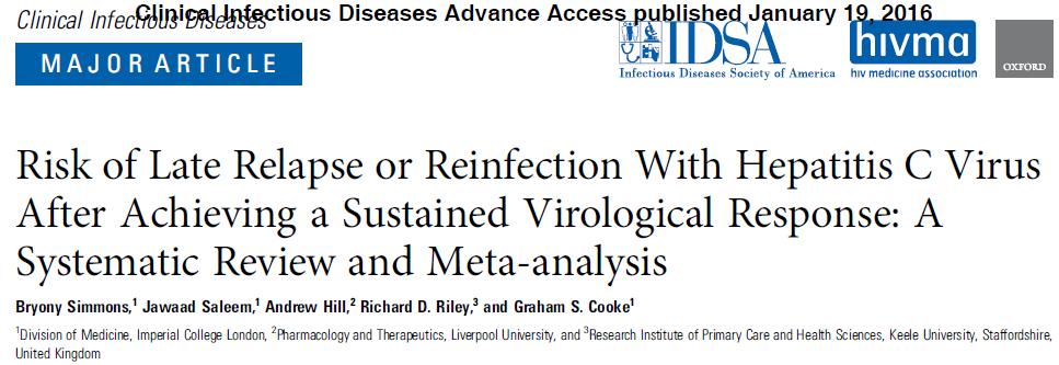 Direkt Etkili Antiviraller Geç relaps veya reinfeksiyon oranı 5 yılda hasta yılı başına olay (PYFU) 1.grup düşük riskli HCV monoinf. 43 çalışma, 7969 hasta 2.