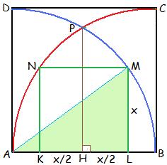 ABCD bir kare. AB =10 cm. ABCD bir kare. AB =10 cm. N ve M çember yaylarında, K ve L [AB] üzerinde olmak üzere KLMN karesi çizildiğinde KL =x?