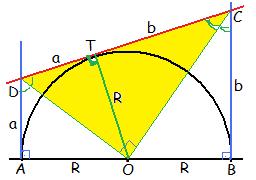 O merkezli, [AB] çaplı çembere A ve B noktalarından çizilen teğetler herhangi bir T noktasından çizilen üçüncü bir teğetle C ve D noktalarında kesişiyor. AD =a, BC =b ise AO =R kaç br.dir?