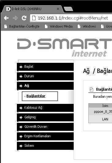 NOT: Bu i lemenden sonra hala internete ba lanam yorsan z, DSL hatt n modemden ç kar p 5dk. bekledikten sonra a a daki i lemi tekrarlay n z. Modeminizi ethernet kablosu ile ba lay n z.