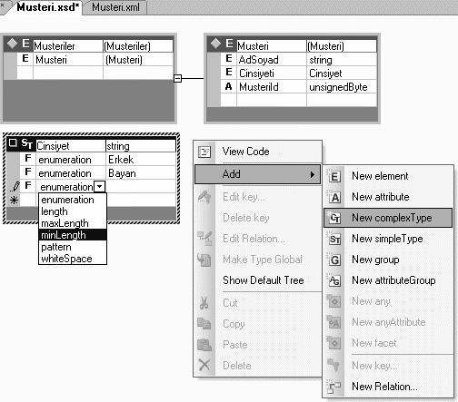 XML Nedir? 687 <xs:attributegroup ref="guvenlikbilgi"/> <xs:attribute name="musteriid" type="xs:unsignedbyte"/> </xs:complextype> </xs:element> Kullanıcı tanımlı veri türlerini oluştururken VS.