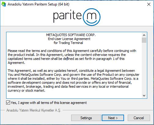 1.PARİTEM METATRADER PROGRAMI KURULUMU Paritem internet sayfasından MT5 Platformu kurulum linki tıklanır ve açılan ilgili dosya indirilir.