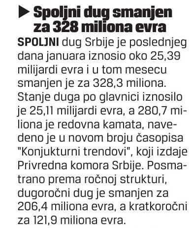 Спољни дуг смањен за 328 милиона евра Медиј - Рубрика: АЛО!