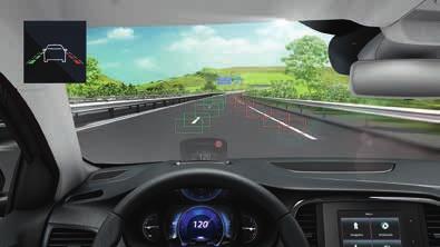 Şerit takip sistemi, Head-up display: Megane Sedan, sinyal vermeden beklenmedik biçimde şerit değiştirildiğinde ön panel ve Head-up display de uyarı veriyor.