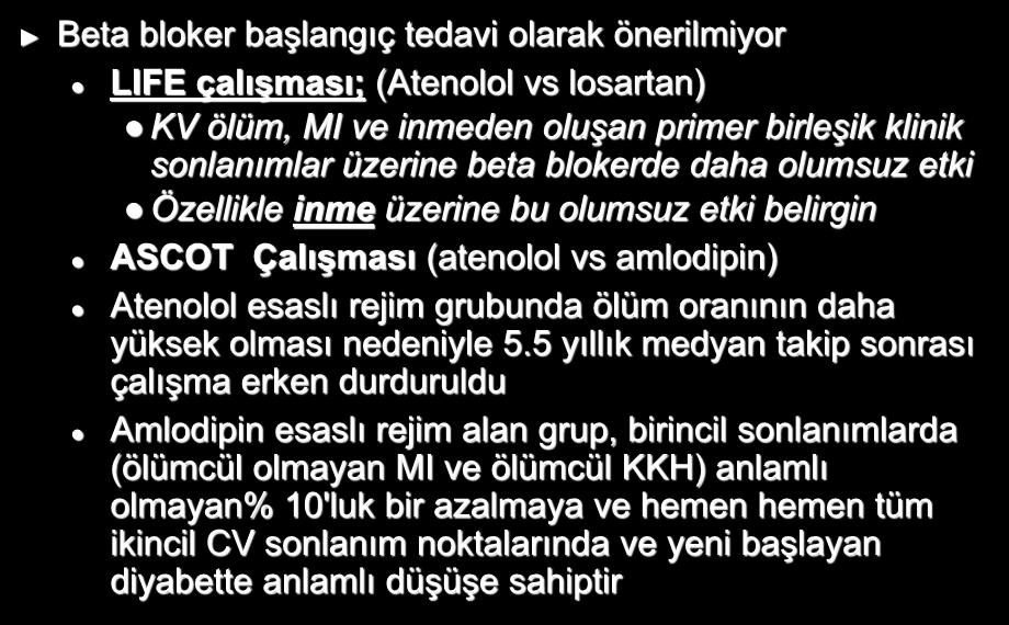 JNC-8; Öneri 6 Beta bloker başlangıç tedavi olarak önerilmiyor LIFE çalışması; (Atenolol vs losartan) KV ölüm, MI ve inmeden oluşan primer birleşik klinik sonlanımlar üzerine beta blokerde daha