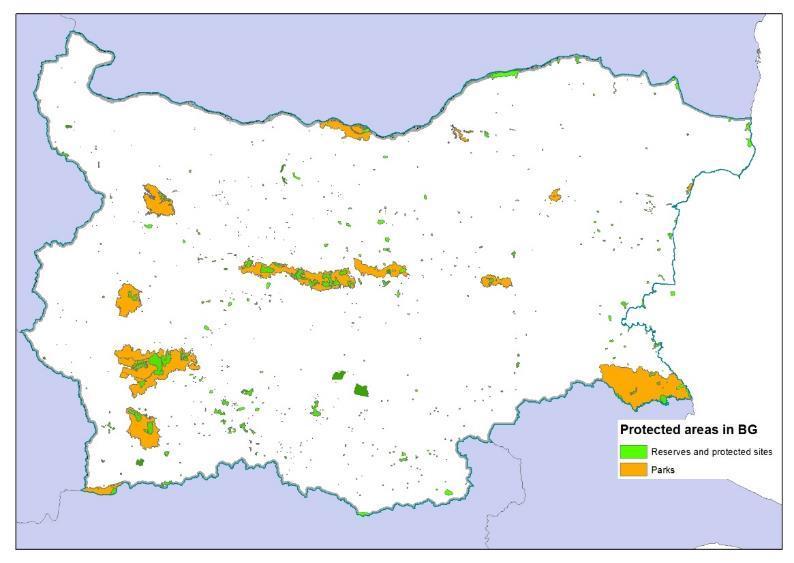 AB ye Katılım Öncesi Bulgaristan daki Koruma Alanları 3 Milli park 11 Tabiat parkı 55 Rezerv 35 Sürdürülen rezerv 349 Tabiat anıtları 536 Korunan