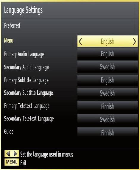 Note: If the Country option is set to Denmark, Sweden, Norway or Finland, the Language Settings menu will function as described below: Language Settings To display parental lock menu options, PIN
