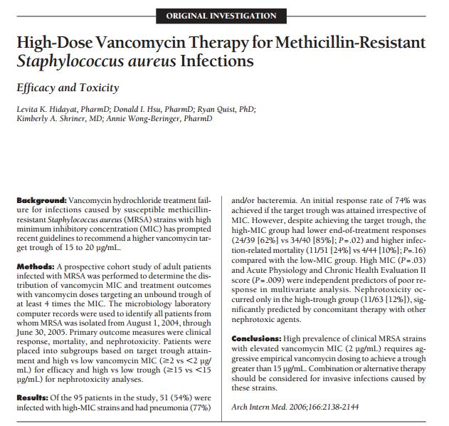 Nozokomiyal MRSA enfeksiyonu saptanan 95 hasta Vankomisin MIC değeri 1,5 ve 2 µg/ml olanlar yüksek MIC grubu 0.