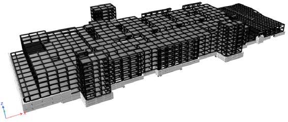 Şekil 2. A Blok 3 boyutlu yapı modeli Taban yalıtımlı A blok izolasyon katı; izolatör üstü kirişli plak, izolatör altı kirişli çerçeve sistem ile tasarlanmıştır.