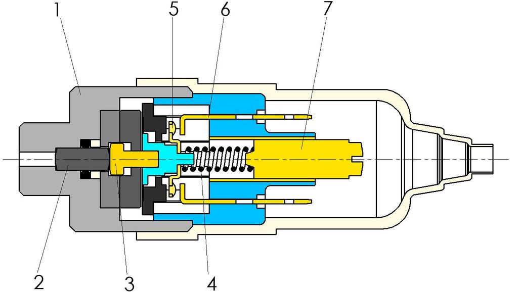 İşlev - Bölümler - Sembol Elektro-Hidrolik Basınç Şarteli DS3 modeli Pistonlu tip Basınç Şarteli Basınç Gövdesi (1) Piston (2) Baskı Parçası (3) Baskı Yayı (4) Kontak Parçası (5) Termlnal (6) Basınç
