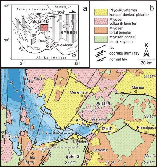 Şekil 1. İzmir Körfezi ve çevresinin basitleştirilmiş jeoloji haritası (Kaya, 1979; MTA, 2002). Körfez içindeki noktalı çizgiler körfezin batimetri değerlerini göstermektedir (Sayın vd.