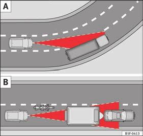 Özel sürüş koşulları Şek. 214 (A) Araç virajda. (B) Radar sensörünün aralığının dışındaki motosiklet sürücüleri. Sürücü destek sistemleri Şek. 215 (C) Araç değiştirme şeritleri.
