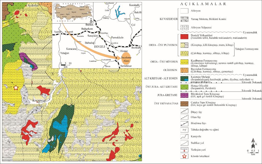Şekil 1. İnceleme alanına ait yer bulduru ve jeoloji haritası [1]. 2 Genel Jeoloji ve Stratigrafi İnceleme alanı Denizli Grabeninin güneydoğusunda yer almaktadır.