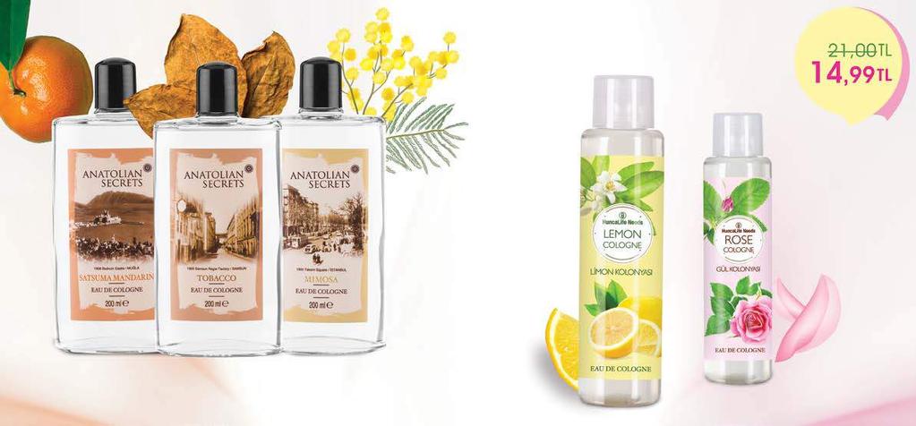 FERAHLIĞI ve TAZELİĞİ HİSSEDİN 27481 27480 ANATOLIAN SECRETS Şişe Kolonya Satsuma Mandalina 200 ml - 27424 ANATOLIAN SECRETS Şişe Kolonya Tütün 200 ml - 27423