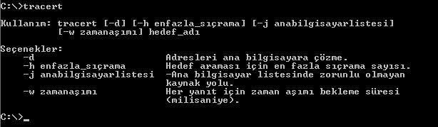 2.3.5. Tracert Komutu Bağlantı sorunları olduğunda ulaşılmak istenen hedef IP adresinin yolunu denetlemek için tracert komutu kullanılır.