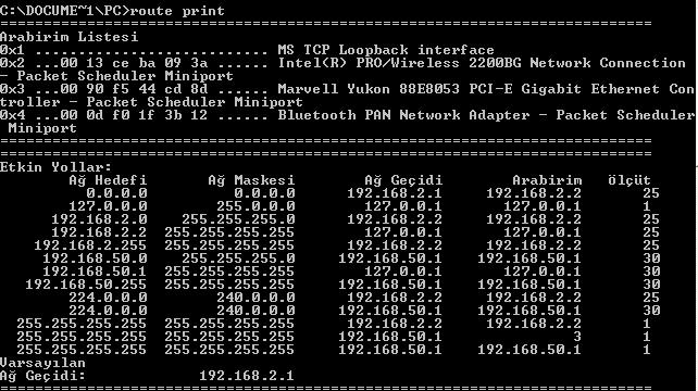 Bilgisayar tarafından kullanılan IP yapılandırmasının ayrıntılarını görüntülemek ve değiştirmek için kullanabilirsiniz. Route komutunu kullanınız.