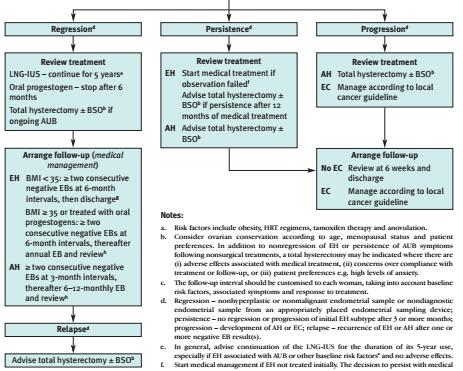 Tedavi sonrası EB Regresyon Persistans Progresyon LNG-IUS 5 yıl devam Oral P >6ay durdur AUK devam ediyorsa TH± BSO* Takibi Düzenle (Tıbbi Yönetim) EH BMI < 35: 6 ay arayla 2 ardışık (-) EB varsa