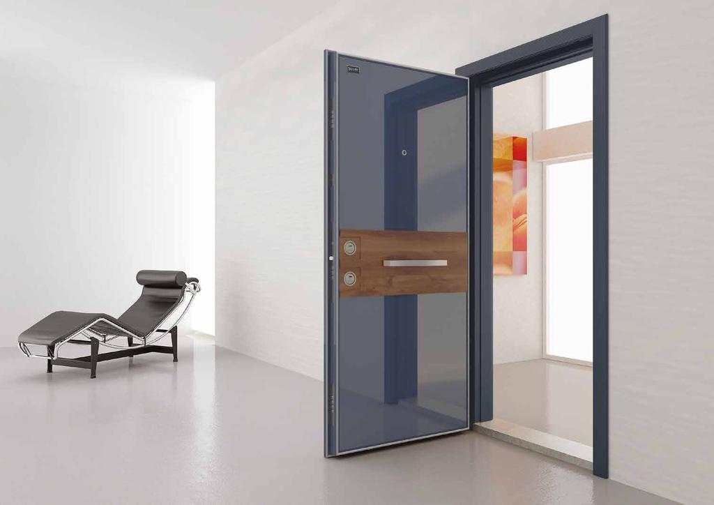 52.53 ALYA C-33 Security Doors with Glass Panel Cam Panelli Çelik Kapılar Nano Door System Leaf front face is made of 8 mm tempered glass in Ral7021 color and limba wooden panel Kanat ön yüz 8 mm