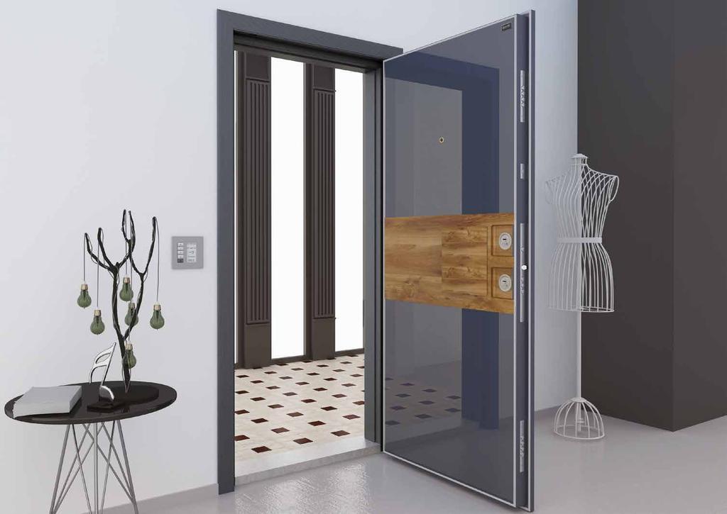 70.71 KUPE C-37 Security Doors with Glass Panel Cam Panelli Çelik Kapılar Nano Door System Leaf front face is made of tempered glass in Ral 7021 colour and in width of 8 mm Kanat ön yüz 8 mm temperli