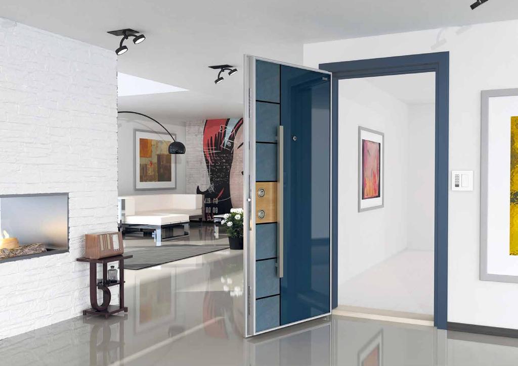 74.75 STONE-GLASS C-40 Security Doors with Glass Panel Cam Panelli Çelik Kapılar Nano Door System Leaf front face is made of tempered glass in Ral 7021 colour and in width of 8 mm Kanat ön yüz 8 mm