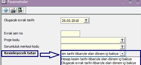 İlgili menüde Operasyon / Seçili kartlara ait dönem kesinleştirme dekontu düzenle fonksiyonu ile ilerlenildiğinde ekrana