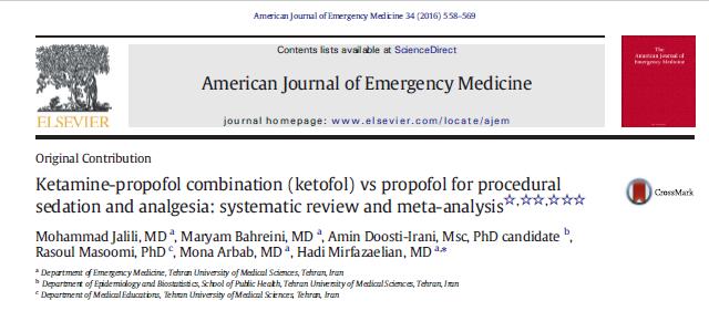 Ketamin ve propofol (ketofol) kombinasyonlarının analjezik ve yan etkilerini propofol ile karşılaştırmak için yapılan 18 kontrollü çalışmanın bir sistematik derlemesinde, 1997ve 2015 yılları arasında