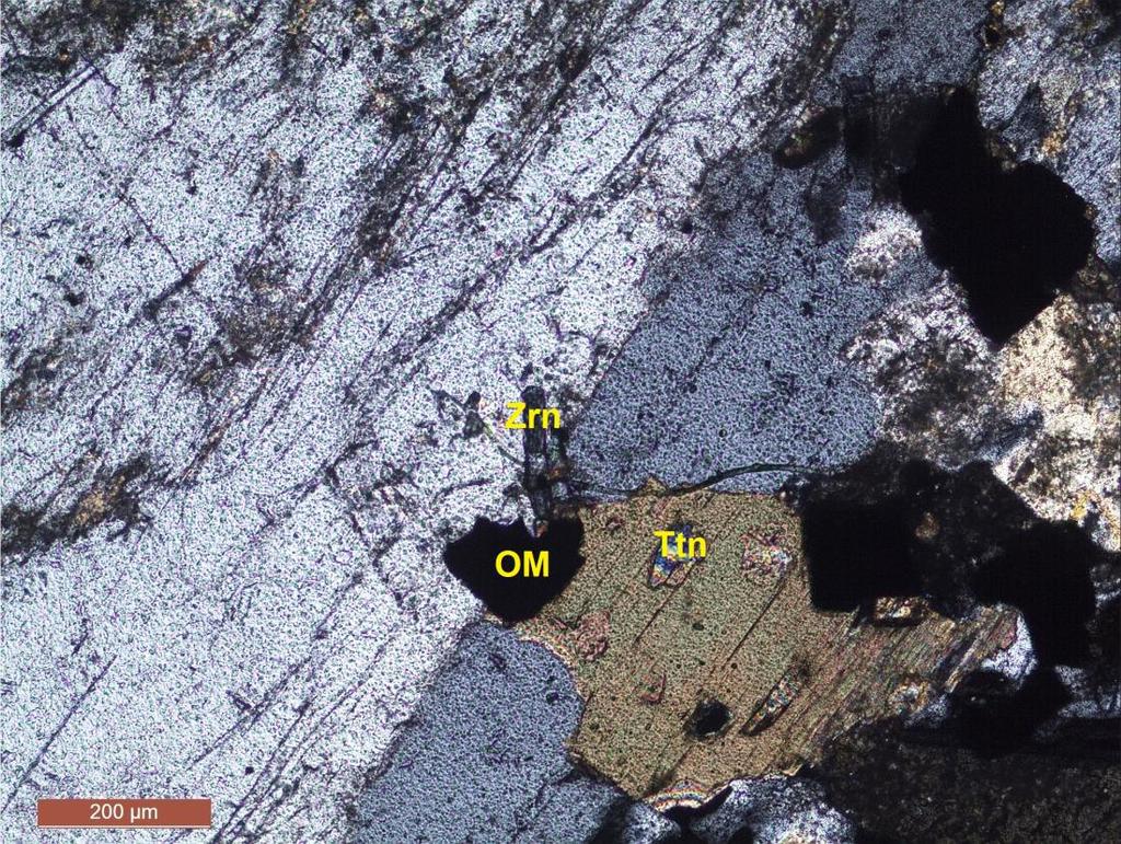 51 Şekil 4. 18: Bulancak kuvars monzonitinin polarizan mikroskobundaki genel görüntüsü (Zrn: zirkon, Ttn: titan, OM: opak mineral) (Çift Nikol, 25X) 4.2.1.9.