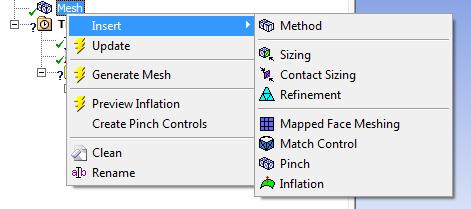 Mapped Face Meshing kullanılarak Fluent'te yapısal (structured) mesh elde edilir. Bu yapısal örgü düzenli desenleri oluşturmayı sağlar. Mesh e sağ tıklanır, Insert -> Mapped Face Meshing seçilir.