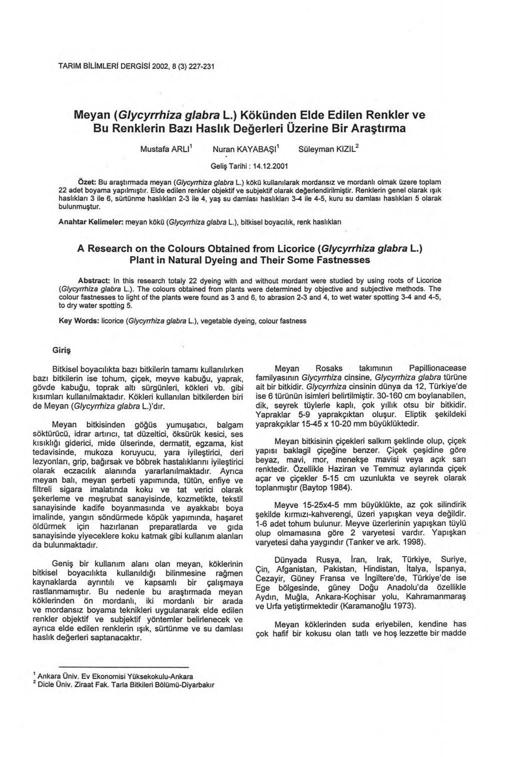 TARIM BILIMLERI DERGISI 2002, 8 (3) 227-231 Meyan (Glycyrrhiza glabra L.