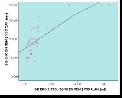VSD lerin 2-B EKO diyastol sonu en geniş çap değerleri ile 3-B EKO sistol sonu en geniş alan değerleri arasında iyi bir korelasyon olduğu görüldü (Spearmen s korelasyon testi, r:0,76, p:<0,001)