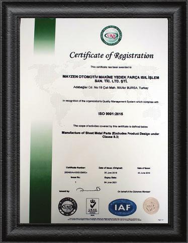 KAPASİTEMİZ 3500 m 2 lik üretim tesisi IATF 16949 Kalite Sertifikasyonu Aylık 12.000.