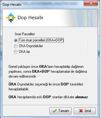 12. Düzenleme Ortaklık Payı (DOP) Hesabının Yapılması DOP, uygulama sahasında oluşturulan, MEB e bağlı ilk ve ortaöğretim kurumları, yol, meydan, park, otopark, çocuk bahçesi, yeşil saha, ibadet