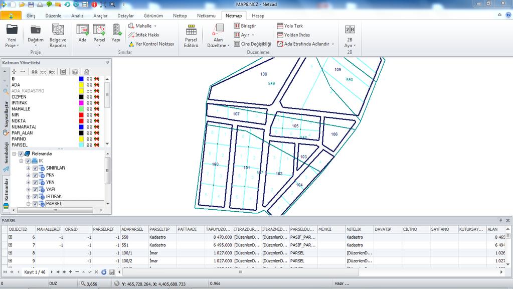 2. Verinin Yüklenmesi Örnek veriyi ekrana yükleyiniz Veri tabanı bağlantılı, bilgileri girilmiş olan kadastro ve imar parsellerini ekranda gözlemleyiniz.