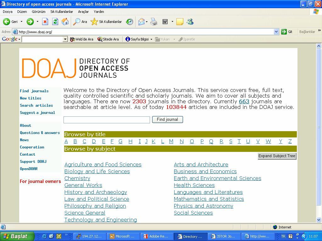 Konu Başlıkları Browse bysubject alanında DOAJ ın kapsadığı konu başlıkları bulunmaktadır.