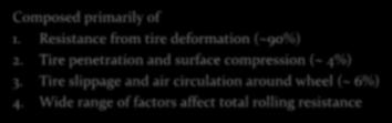 Yuvarlanma Direnci Composed primarily of 1. Resistance from tire deformation ( 90%) 2. Tire penetration and surface compression ( 4%) 3.