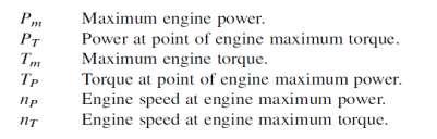 Engine torque flexibility and speed flexibility Engine torque flexibility FT and speed flexibility Fn are defined by: The engine flexibility Fe is defined as the product of the two terms above: Good