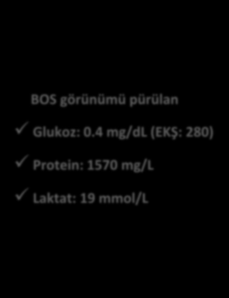 OLGU 1- Laboratuvar Hemogram WBC: 17980/mm³ (%96.3 PMNL) Nötrofil: 17190/mm³ Plt: 137000/mm³ Hb / Htc: 12.9 g/dl/ 38.