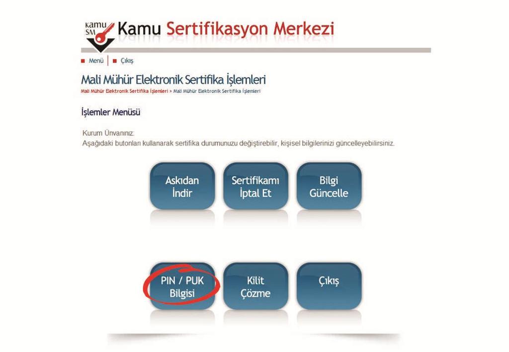 7 6. Adım Mali Mühür Elektronik Sertifikası ile yapılacak işlemler için gerekli olan PIN bilgisi, PIN / PUK Bilgisi butonuna tıklanarak listelenebilir.