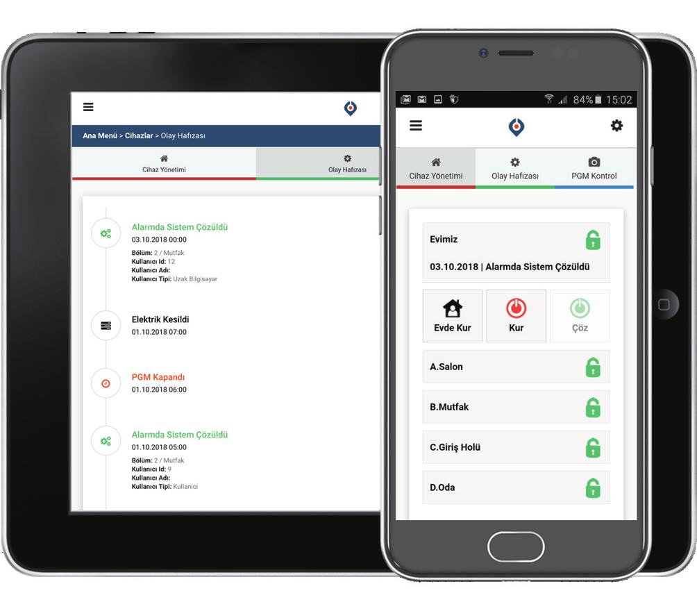 üzerinden tüm olay geçmişine erişim Alarm sistemini Kurma / Çözme ve PGM kontrolü Aynı anda