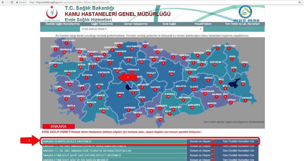 Açılan web sayfasında bulunan Türkiye haritasının üzerindeki Ankara iline tıklandığın o ilde bulunan hastane bilgileri; konum, ulaşım ve tüm özellikli hizmetleri gör seçeneği bilgileri gelmektedir.
