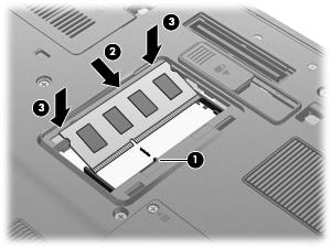 c. Bellek modülünün sol ve sağ kenarlarına basınç uygulayarak, bellek modülünü (3) klipsler yerine oturana kadar hafifçe bastırın. 11.