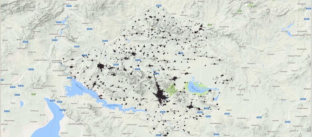 Farklı Deprem Senaryolarına Göre Kırşehir İli Kayıp Tahmin Analizleri Şekil 7: Kırşehir ili bina lokasyon dağılım haritası Yerel zemin koşulları deprem ve yapı ilişkisi açısından önemli bir