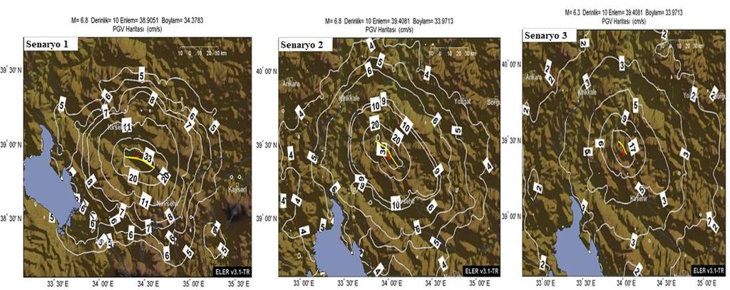 Şekil 8: Senaryo depremleri için elde edilen en büyük yer ivmesi değerleri Kırşehir ili için çalışmada dikkate alınan farklı deprem senaryoları için en büyük yer hızı (PGV) haritaları Şekil
