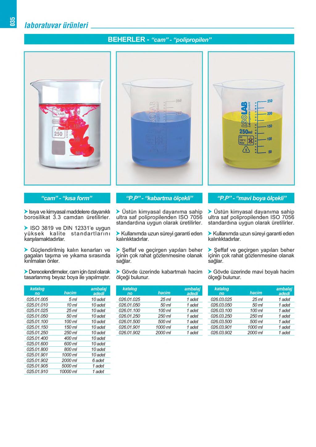 035 laboratuvarürünleri B E H E R L E R - cam - polipropilen -îütf cam - kısa form P.P - kabartma ölçekli P.P - mavi boya ölçekli > Isıya ve kimyasal maddelere dayanıklı borosilikat 3.