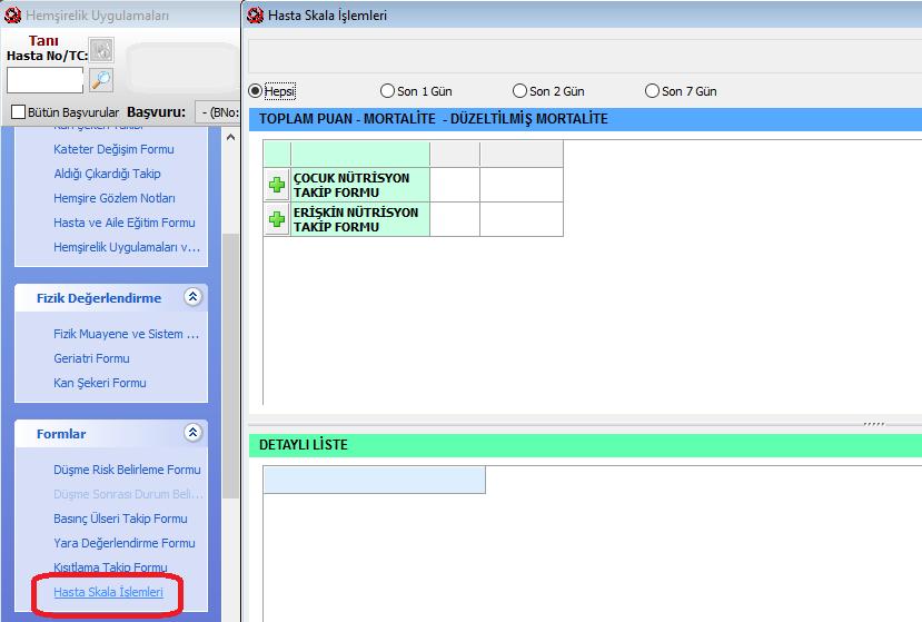 NÜTRİSYON TAKİBİ «Hemşire Fizik Değerlendirme ve Gözlem» ekranında; Çocuk hastalar için; «Çocuk