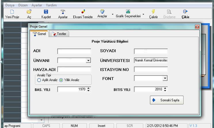 Trend Analysis for Windows programı ile yeni bir analize başlamak için; Temel araç çubuğundan Yeni sekmesi tıklanarak ayarlar diyalogu açılır.